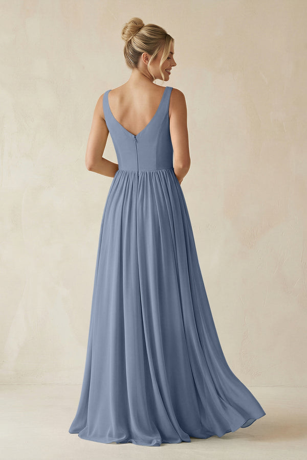 V - Neck Chiffon A - Line Long Bridesmaid Dress in Neptune - SHE IS ME Bridesmaid Dresses