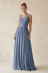 V - Neck Chiffon A - Line Long Bridesmaid Dress in Neptune - KISS BRIDAL Bridesmaid Dresses
