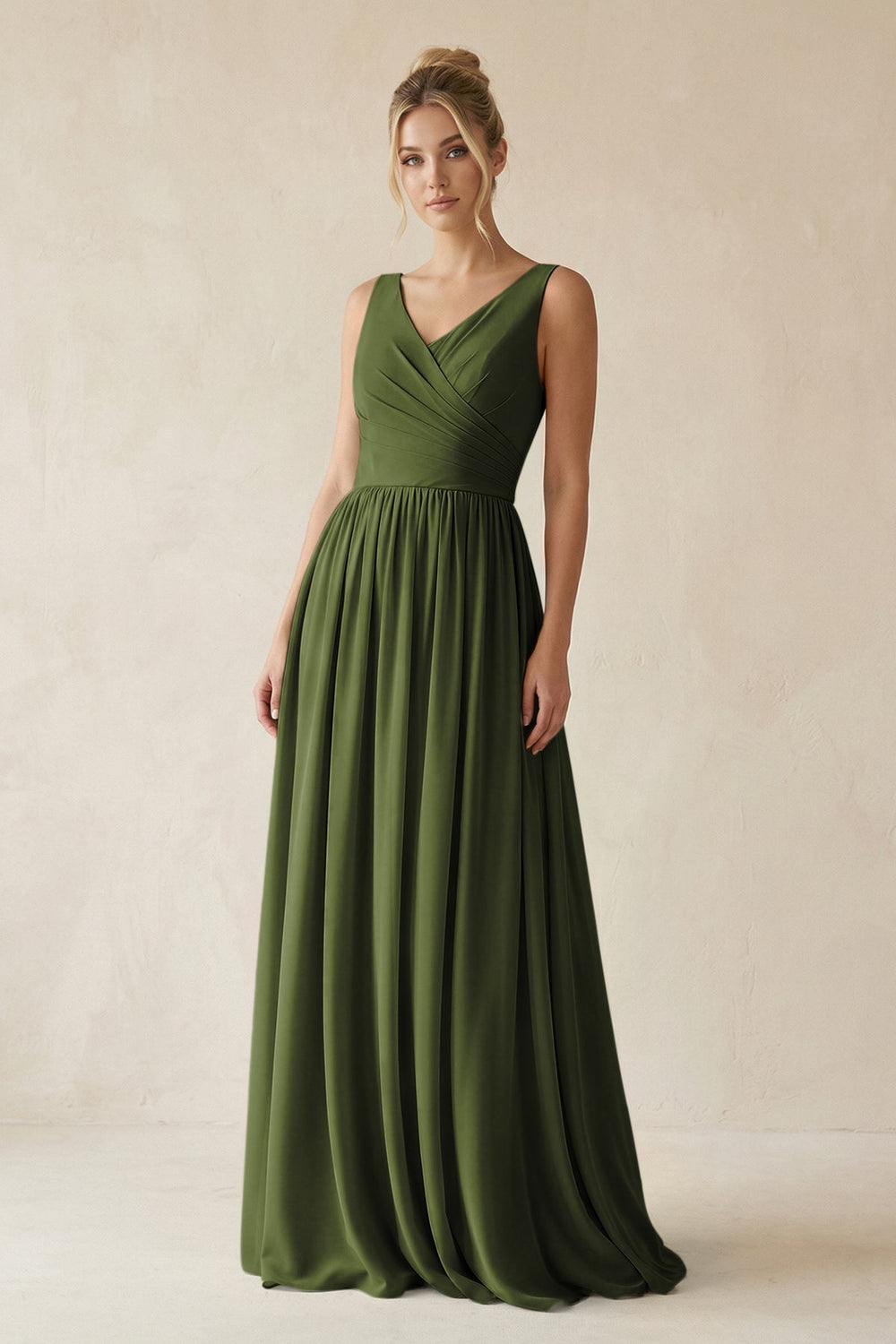V - Neck Chiffon A - Line Long Bridesmaid Dress in Olive - KISS BRIDAL Bridesmaid Dresses