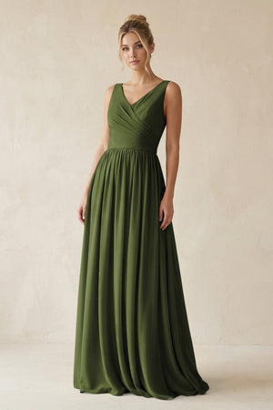 V - Neck Chiffon A - Line Long Bridesmaid Dress in Olive - SHE IS ME Bridesmaid Dresses