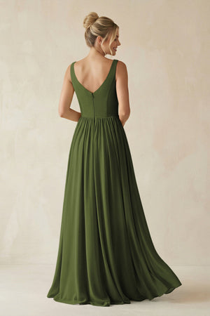V - Neck Chiffon A - Line Long Bridesmaid Dress in Olive - SHE IS ME Bridesmaid Dresses