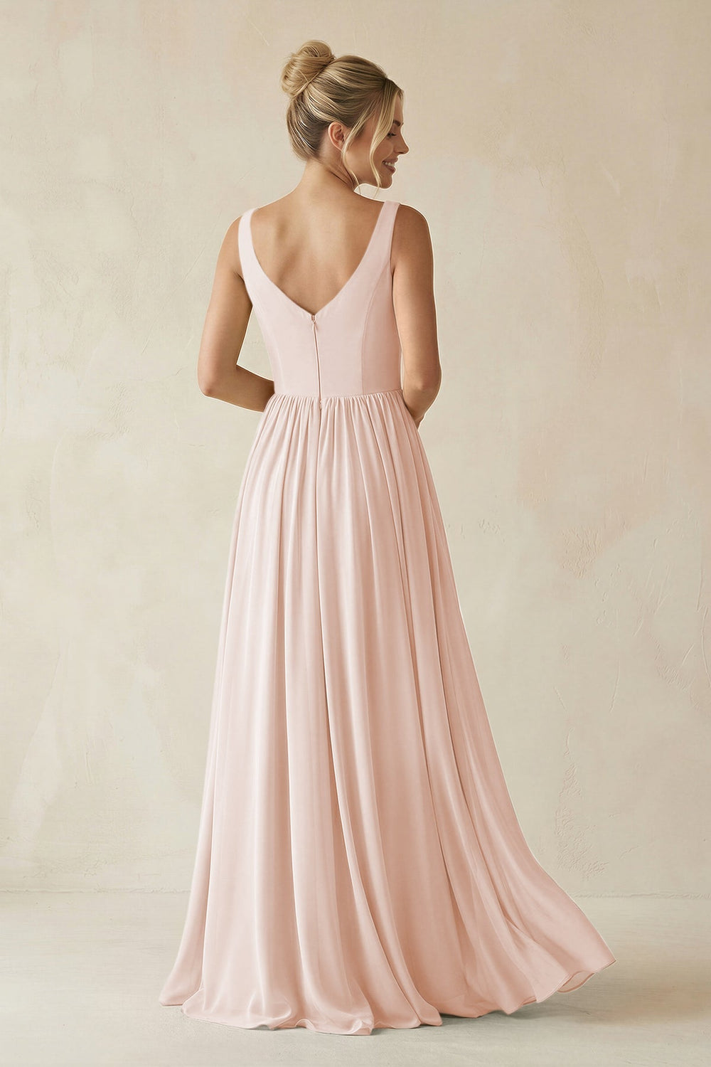 V - Neck Chiffon A - Line Long Bridesmaid Dress in Pale Blush - KISS BRIDAL Bridesmaid Dresses