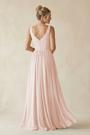 V - Neck Chiffon A - Line Long Bridesmaid Dress in Pale Blush - SHE IS ME Bridesmaid Dresses