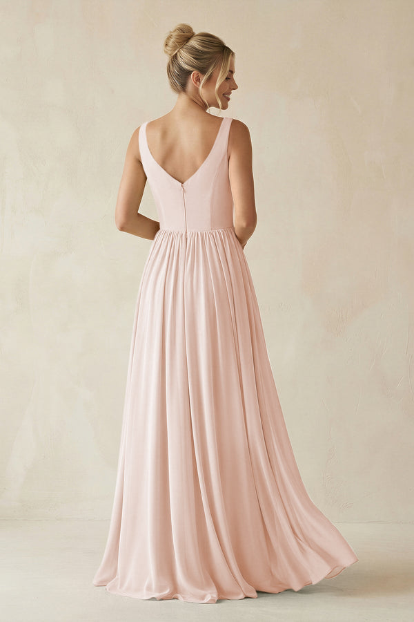 V - Neck Chiffon A - Line Long Bridesmaid Dress in Pale Blush - SHE IS ME Bridesmaid Dresses
