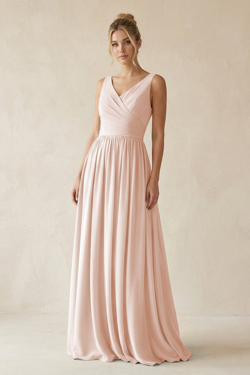 V - Neck Chiffon A - Line Long Bridesmaid Dress in Pale Blush - SHE IS ME Bridesmaid Dresses