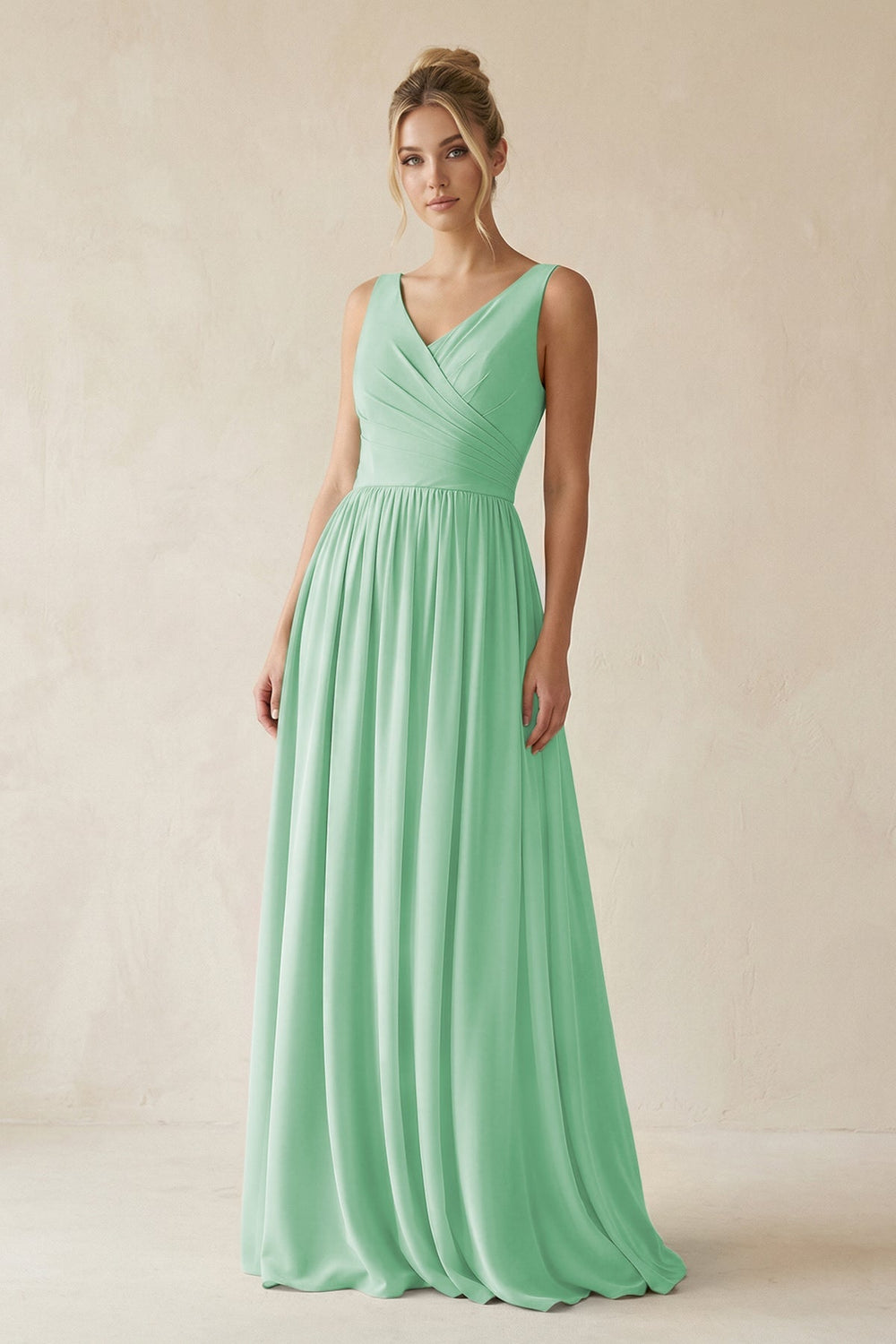 V - Neck Chiffon A - Line Long Bridesmaid Dress in Pale Pistachio - KISS BRIDAL Bridesmaid Dresses
