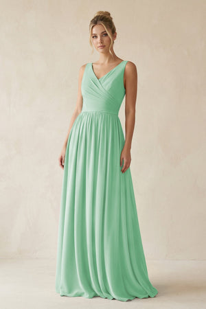 V - Neck Chiffon A - Line Long Bridesmaid Dress in Pale Pistachio - SHE IS ME Bridesmaid Dresses