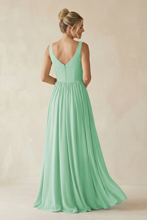 V - Neck Chiffon A - Line Long Bridesmaid Dress in Pale Pistachio - SHE IS ME Bridesmaid Dresses