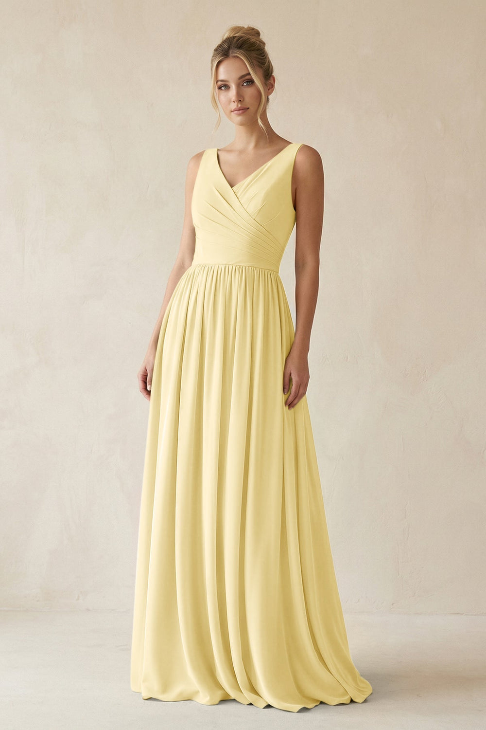 V - Neck Chiffon A - Line Long Bridesmaid Dress in Pastel Yellow - KISS BRIDAL Bridesmaid Dresses