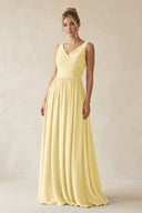V - Neck Chiffon A - Line Long Bridesmaid Dress in Pastel Yellow - SHE IS ME Bridesmaid Dresses