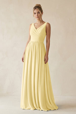 V - Neck Chiffon A - Line Long Bridesmaid Dress in Pastel Yellow - SHE IS ME Bridesmaid Dresses