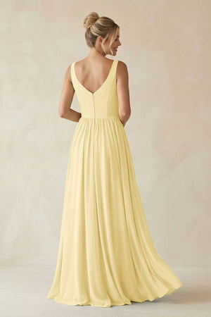 V - Neck Chiffon A - Line Long Bridesmaid Dress in Pastel Yellow - SHE IS ME Bridesmaid Dresses