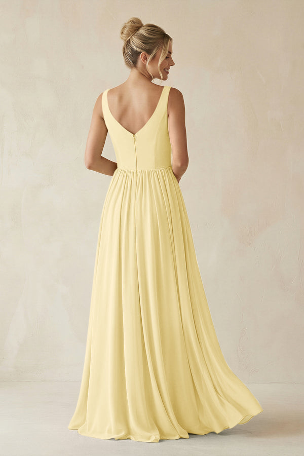 V - Neck Chiffon A - Line Long Bridesmaid Dress in Pastel Yellow - SHE IS ME Bridesmaid Dresses