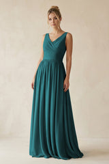 V - Neck Chiffon A - Line Long Bridesmaid Dress in Pine - KISS BRIDAL Bridesmaid Dresses