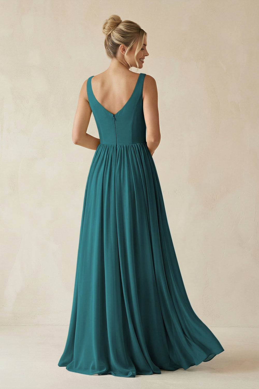 V - Neck Chiffon A - Line Long Bridesmaid Dress in Pine - KISS BRIDAL Bridesmaid Dresses