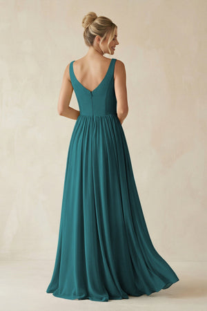 V - Neck Chiffon A - Line Long Bridesmaid Dress in Pine - SHE IS ME Bridesmaid Dresses