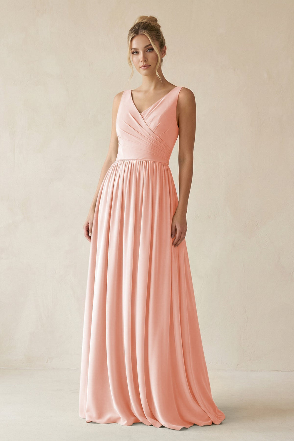 V - Neck Chiffon A - Line Long Bridesmaid Dress in Rose Petal - KISS BRIDAL Bridesmaid Dresses