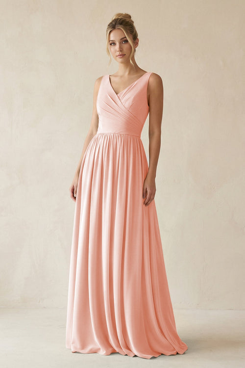 V - Neck Chiffon A - Line Long Bridesmaid Dress in Rose Petal - SHE IS ME Bridesmaid Dresses
