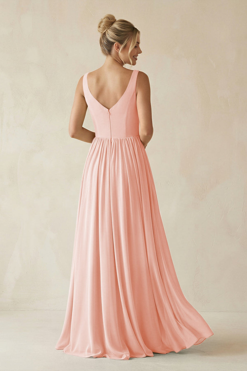V - Neck Chiffon A - Line Long Bridesmaid Dress in Rose Petal - KISS BRIDAL Bridesmaid Dresses