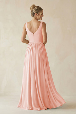 V - Neck Chiffon A - Line Long Bridesmaid Dress in Rose Petal - SHE IS ME Bridesmaid Dresses