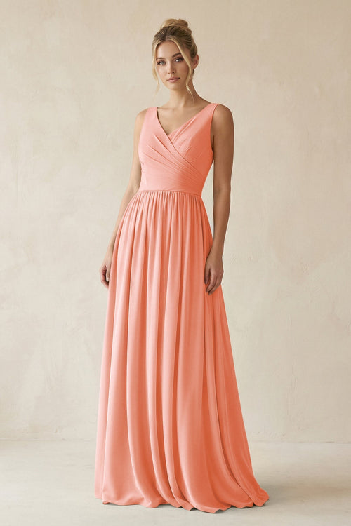 V - Neck Chiffon A - Line Long Bridesmaid Dress in Rosette - SHE IS ME Bridesmaid Dresses