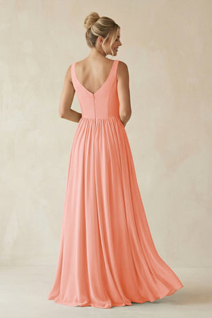 V - Neck Chiffon A - Line Long Bridesmaid Dress in Rosette - SHE IS ME Bridesmaid Dresses