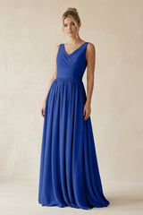 V - Neck Chiffon A - Line Long Bridesmaid Dress in Royal Blue - KISS BRIDAL Bridesmaid Dresses