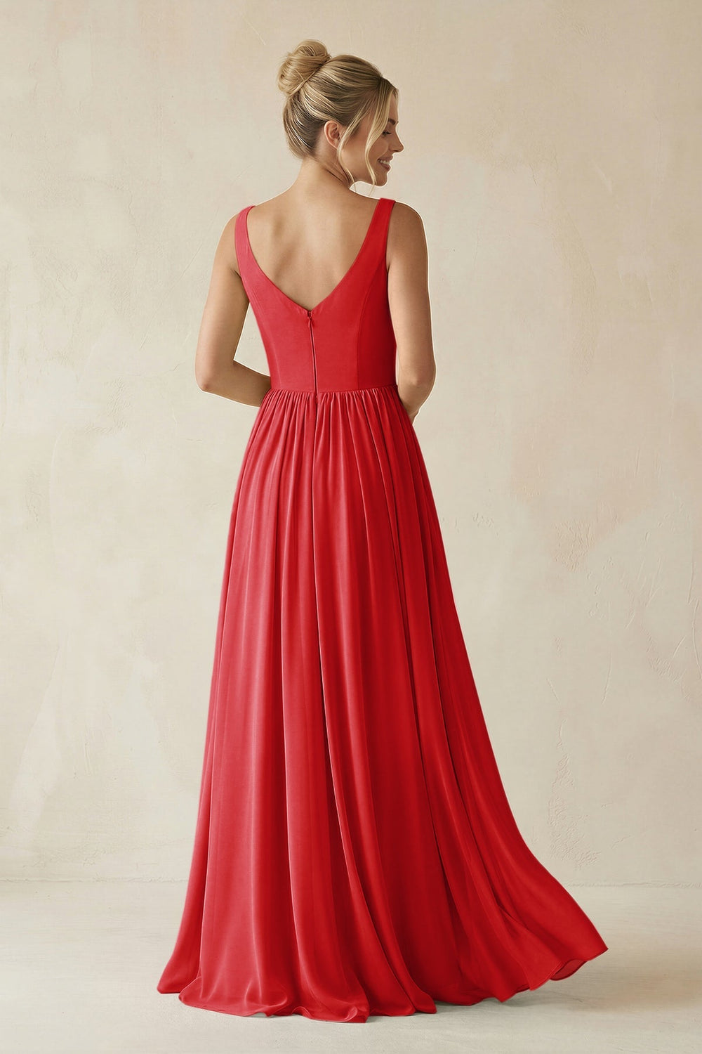 V - Neck Chiffon A - Line Long Bridesmaid Dress in Ruby Red - KISS BRIDAL Bridesmaid Dresses