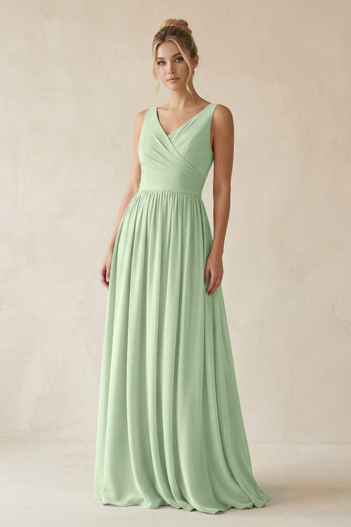 V - Neck Chiffon A - Line Long Bridesmaid Dress in Sage - SHE IS ME Bridesmaid Dresses