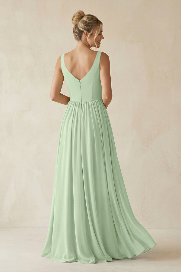 V - Neck Chiffon A - Line Long Bridesmaid Dress in Sage - SHE IS ME Bridesmaid Dresses