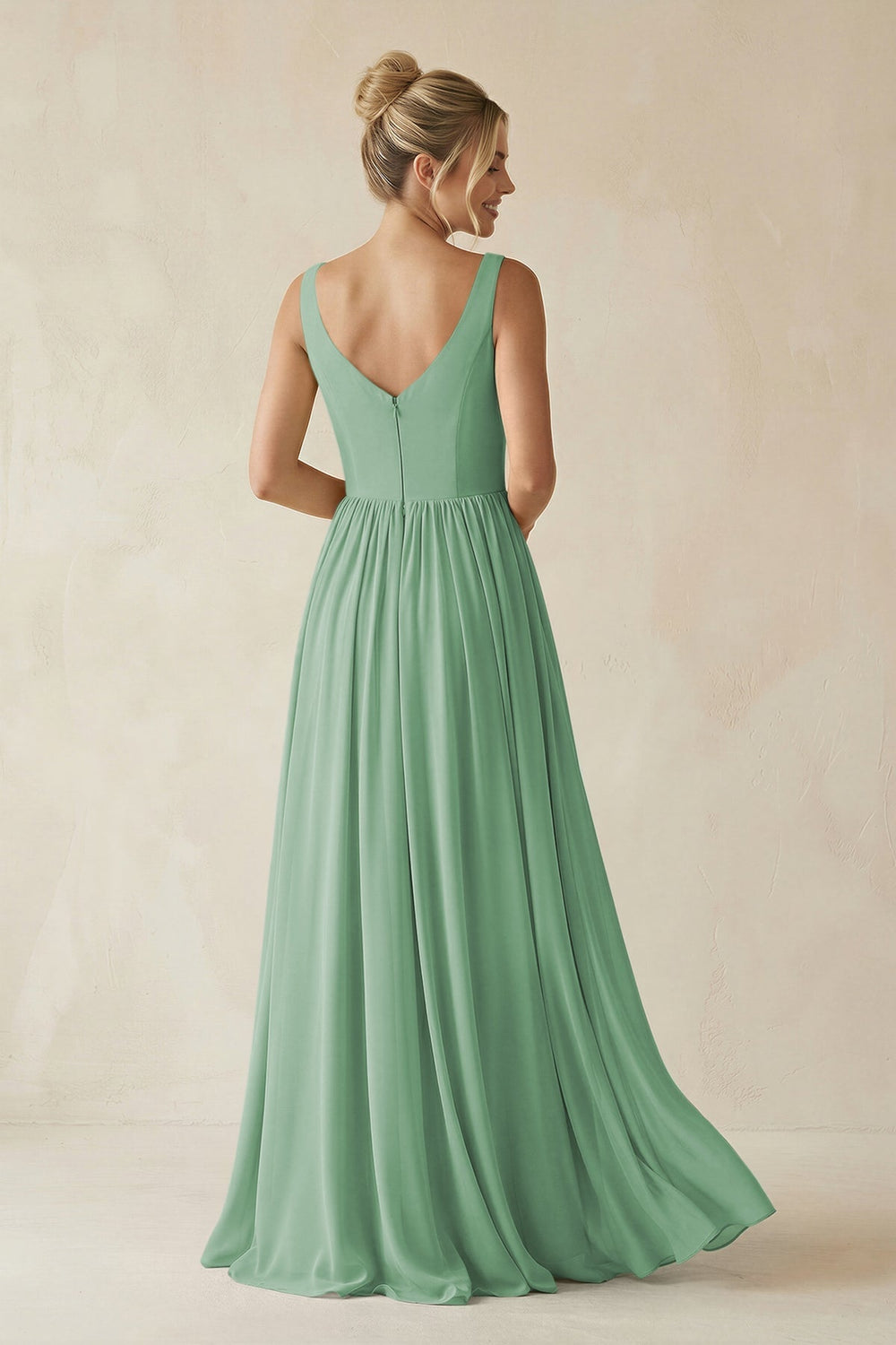 V - Neck Chiffon A - Line Long Bridesmaid Dress in Sea Glass - KISS BRIDAL Bridesmaid Dresses