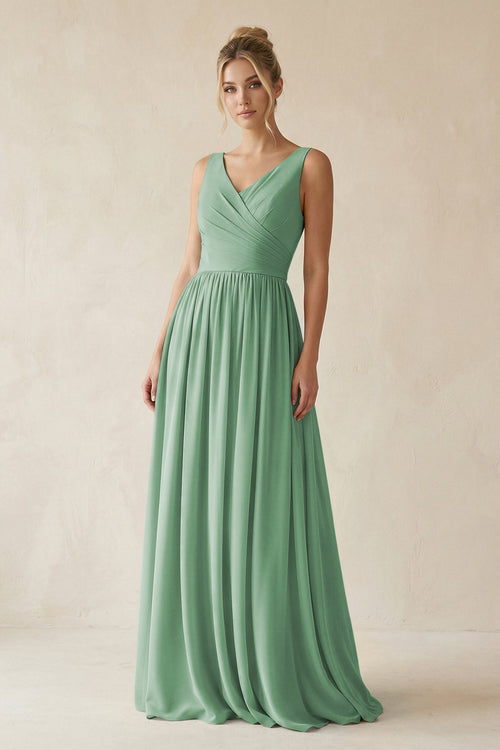 V - Neck Chiffon A - Line Long Bridesmaid Dress in Sea Glass - SHE IS ME Bridesmaid Dresses