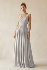 V - Neck Chiffon A - Line Long Bridesmaid Dress in Silver - KISS BRIDAL Bridesmaid Dresses