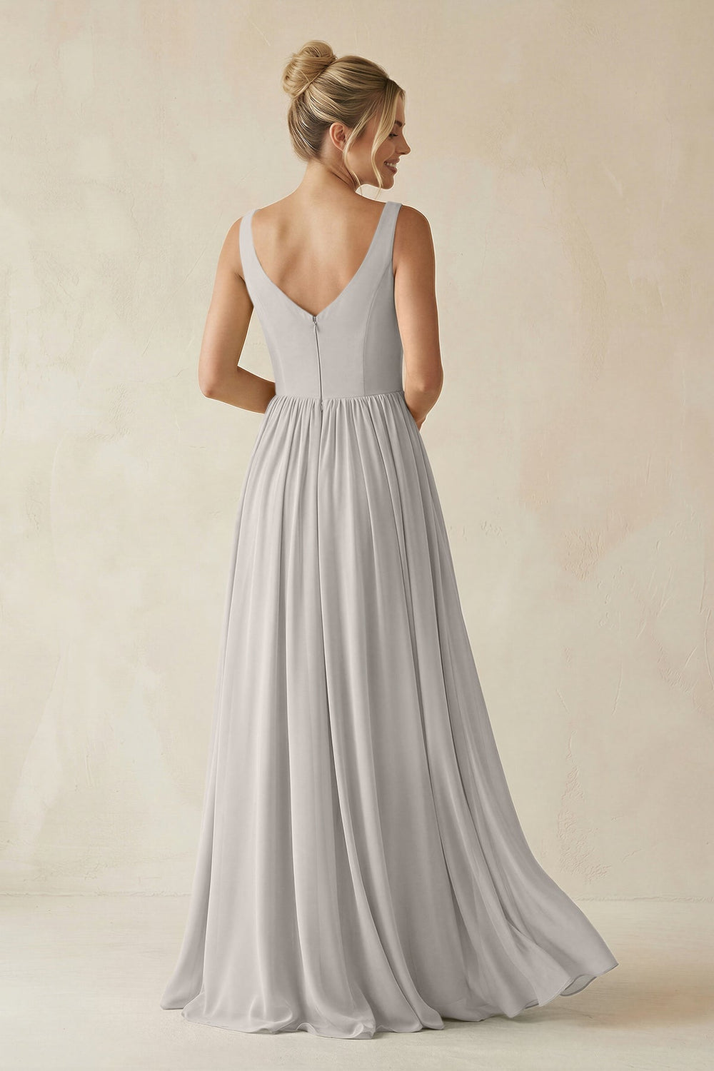 V - Neck Chiffon A - Line Long Bridesmaid Dress in Silver - KISS BRIDAL Bridesmaid Dresses