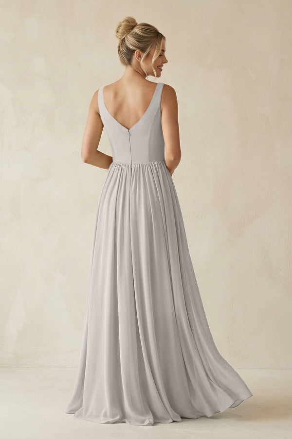 V - Neck Chiffon A - Line Long Bridesmaid Dress in Silver - SHE IS ME Bridesmaid Dresses