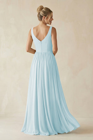 V - Neck Chiffon A - Line Long Bridesmaid Dress in Sky Blue - SHE IS ME Bridesmaid Dresses