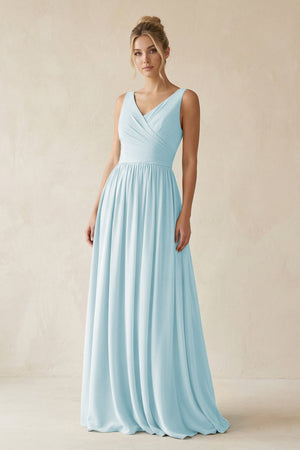 V - Neck Chiffon A - Line Long Bridesmaid Dress in Sky Blue - SHE IS ME Bridesmaid Dresses