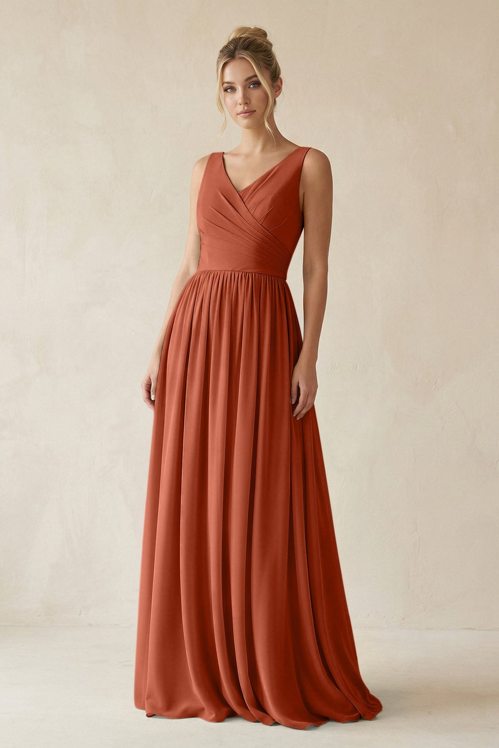 V - Neck Chiffon A - Line Long Bridesmaid Dress in Spice - KISS BRIDAL Bridesmaid Dresses