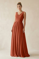 V - Neck Chiffon A - Line Long Bridesmaid Dress in Spice - SHE IS ME Bridesmaid Dresses
