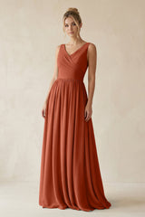 V - Neck Chiffon A - Line Long Bridesmaid Dress in Spice - KISS BRIDAL Bridesmaid Dresses