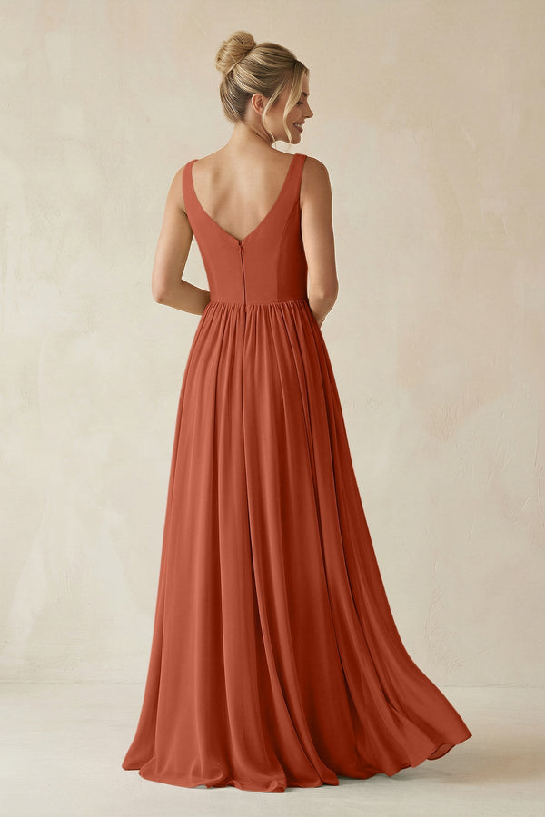 V - Neck Chiffon A - Line Long Bridesmaid Dress in Spice - SHE IS ME Bridesmaid Dresses