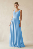 V - Neck Chiffon A - Line Long Bridesmaid Dress in Steel Blue - SHE IS ME Bridesmaid Dresses