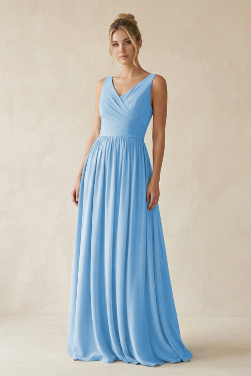 V - Neck Chiffon A - Line Long Bridesmaid Dress in Steel Blue - SHE IS ME Bridesmaid Dresses
