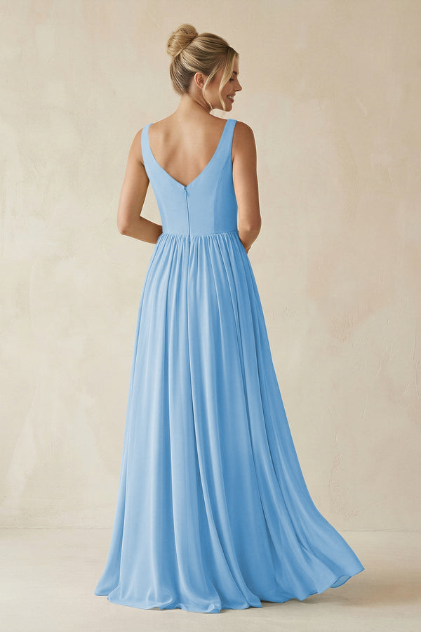 V - Neck Chiffon A - Line Long Bridesmaid Dress in Steel Blue - SHE IS ME Bridesmaid Dresses