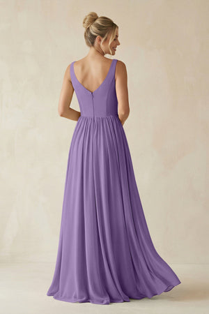 V - Neck Chiffon A - Line Long Bridesmaid Dress in Tahiti - SHE IS ME Bridesmaid Dresses