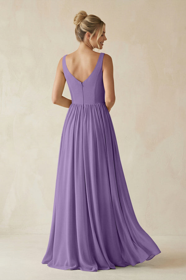 V - Neck Chiffon A - Line Long Bridesmaid Dress in Tahiti - SHE IS ME Bridesmaid Dresses