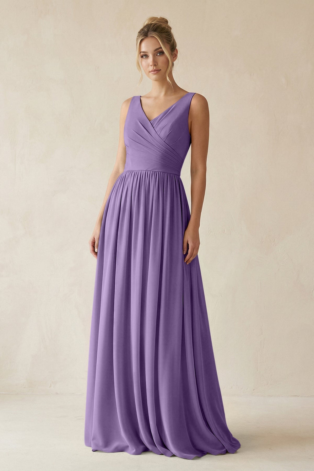 V - Neck Chiffon A - Line Long Bridesmaid Dress in Tahiti - KISS BRIDAL Bridesmaid Dresses