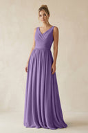 V - Neck Chiffon A - Line Long Bridesmaid Dress in Tahiti - SHE IS ME Bridesmaid Dresses