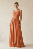 V - Neck Chiffon A - Line Long Bridesmaid Dress in Terracotta - SHE IS ME Bridesmaid Dresses