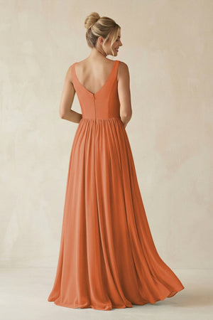 V - Neck Chiffon A - Line Long Bridesmaid Dress in Terracotta - SHE IS ME Bridesmaid Dresses